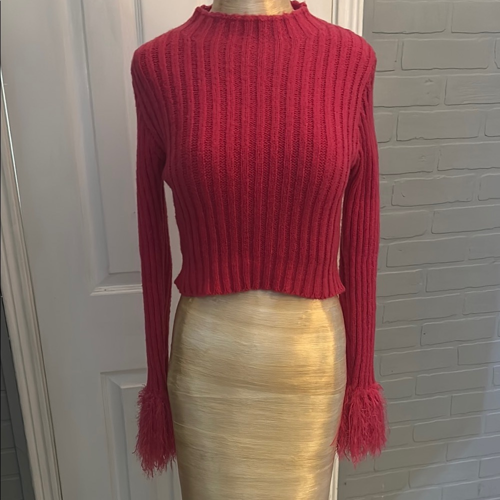 Hot pink Ribbed Knit Sweater with fluffy cuffs